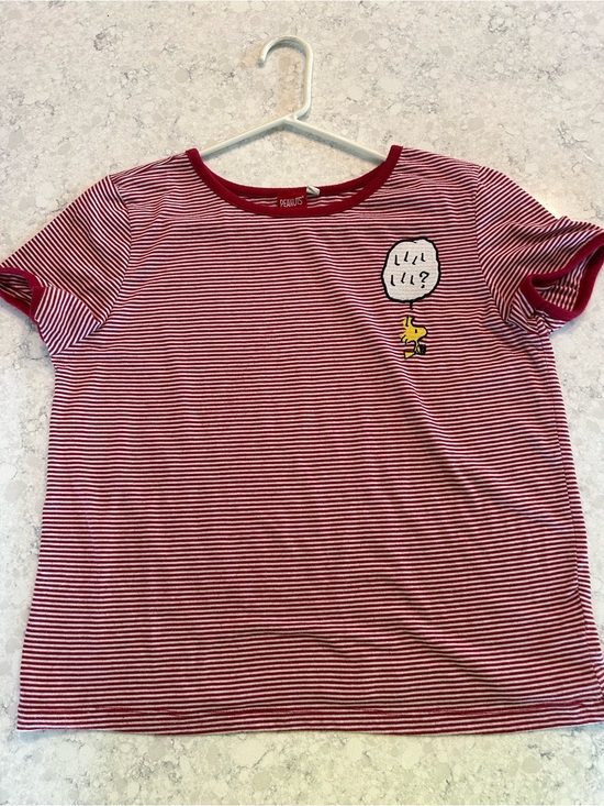 Peanuts Tops - Official Peanuts Red & White Striped Embroidered Woodstock Tee Medium